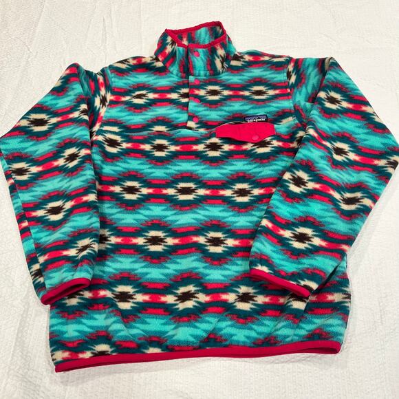 Patagonia Synchilla Womens Medium Blue T Snap Fleece Jacket Pullover Geometric - Picture 1 of 9